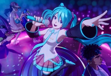 Hatsune Miku singing in artwork for her Fortnite Festival crossover