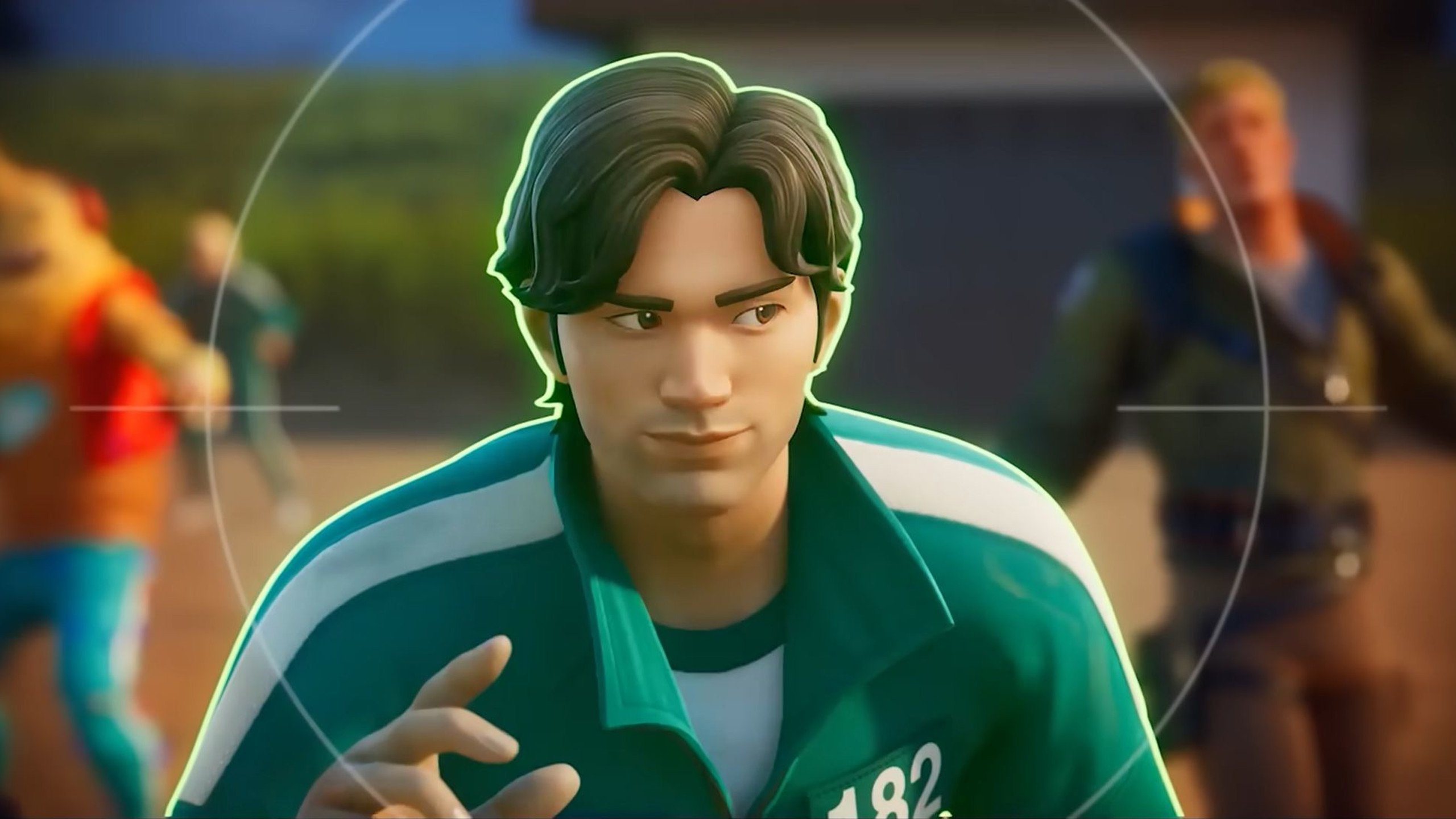 A character being targeted by Pink Team Leader wearing Young-hee's getup in Fortnite's Squid Game crossover