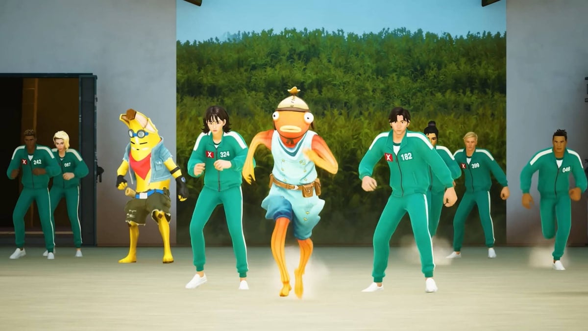 Characters in Fortnite's Squid Game crossover getting ready to run