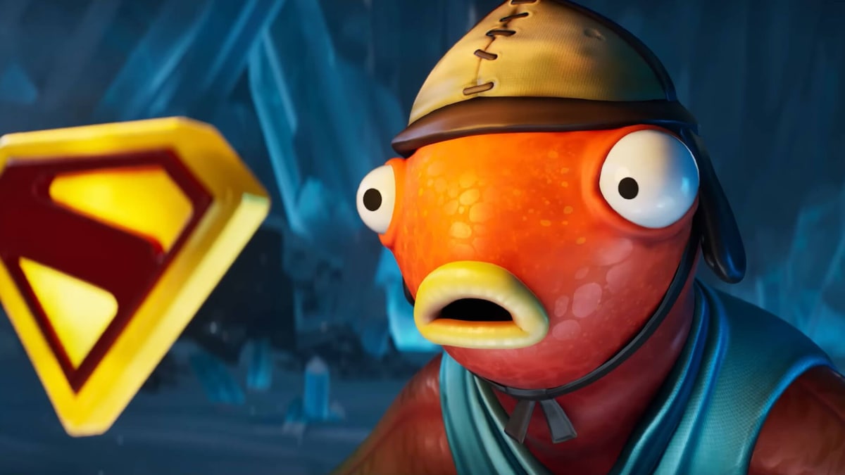 Fishstick looking at a Superman emblem in Fortnite